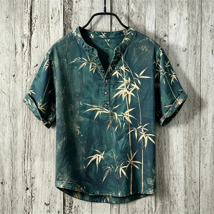 Men's Retro Japanese Bamboo Print Cotton Linen Top