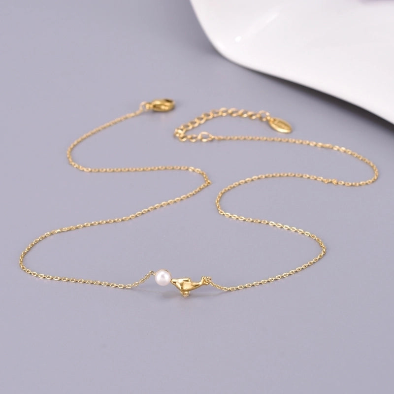 Cute Minimalist Dolphin 304 Stainless Steel Titanium Steel Pearl 18K Gold Plated Inlay Necklace