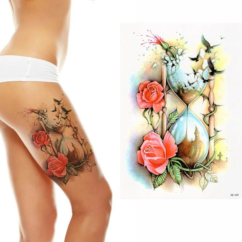 HOURGLASS TEMPORARY TATTOO - ROSES, CROWS, WOMENS, GIRLS, KIDS, FAKE, WATERPROOF