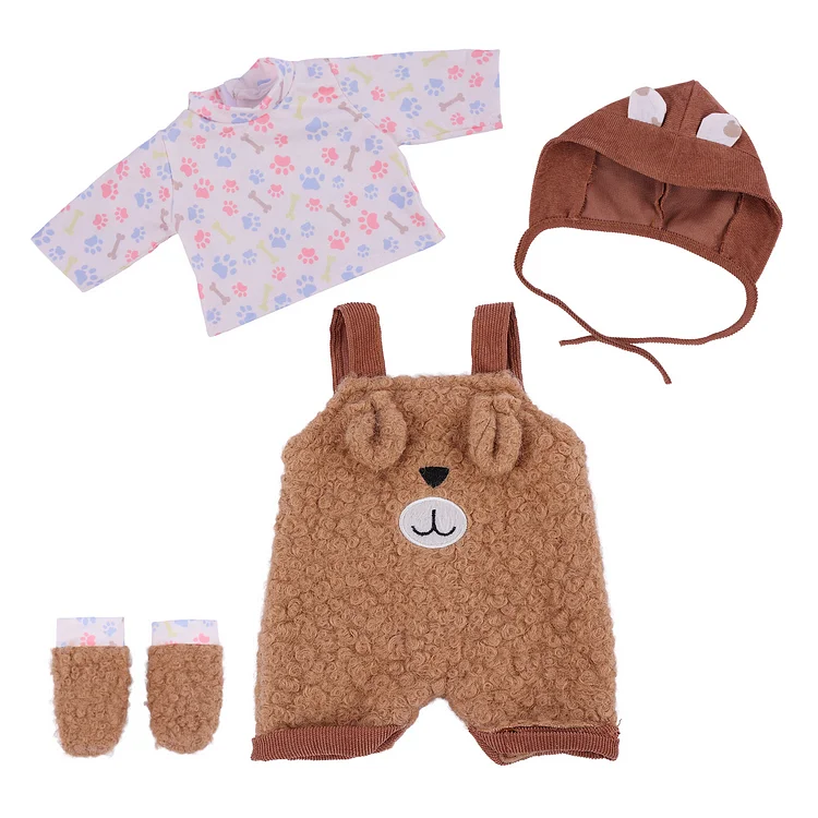 For 16"-18" Full Body Silicone Baby Doll Brown Bear Crawling Suit 4-pcs Set Accessories