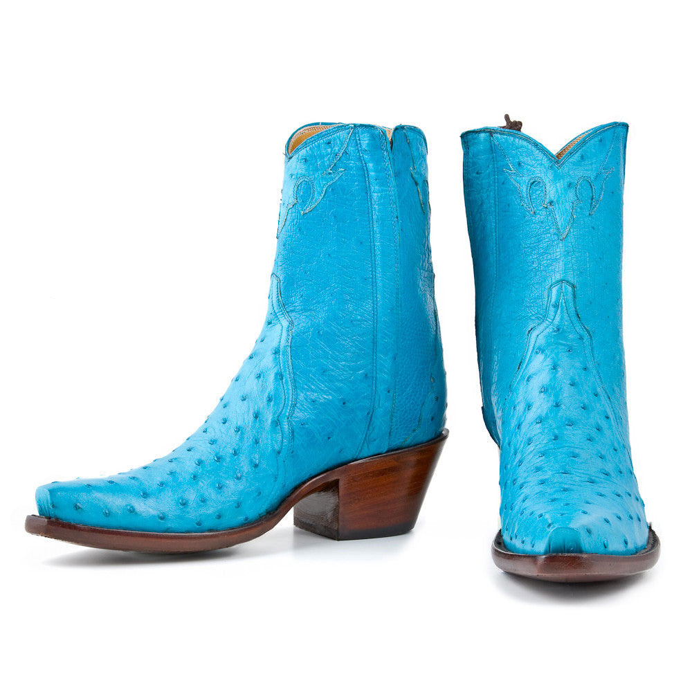 Ostrich Embossed Snip Toe Chunky Heel Cowgirl Ankle Boots in Blue Nicepairs