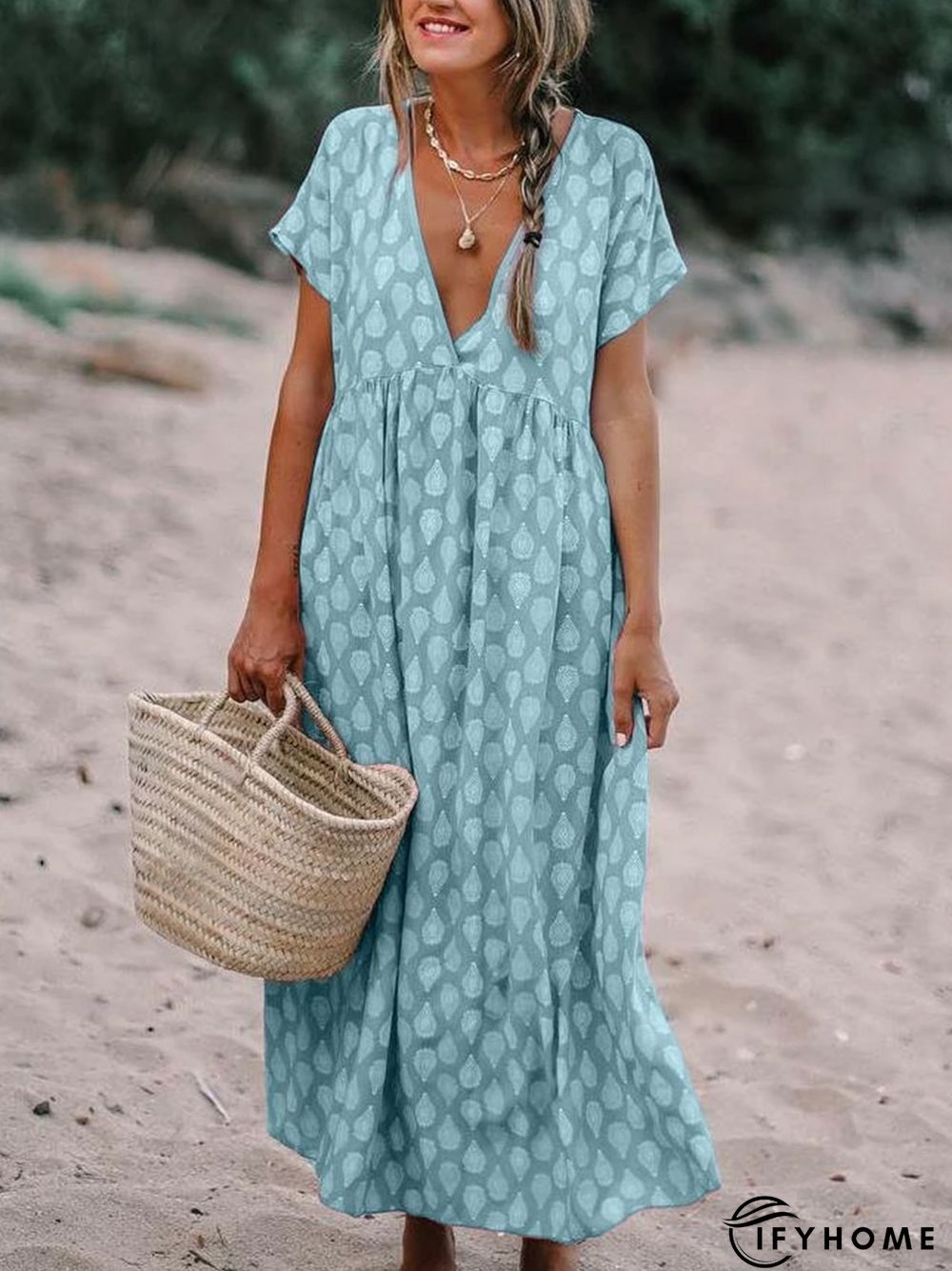 Plus Size Casual V Neck Short Sleeve Printed Maxi Weaving Dress | IFYHOME