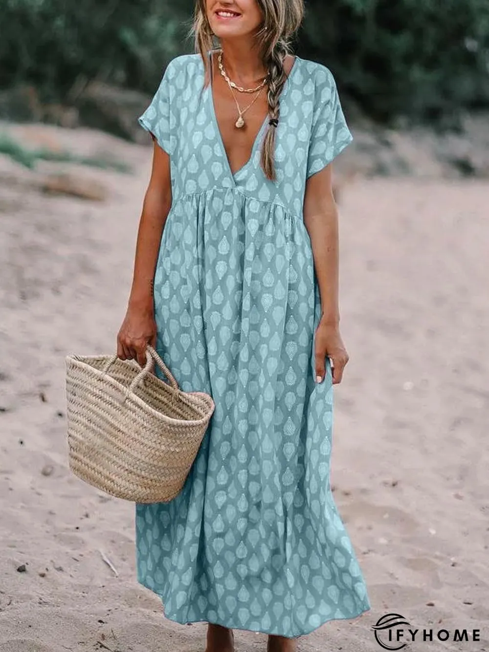 Plus Size Casual V Neck Short Sleeve Printed Maxi Weaving Dress | IFYHOME