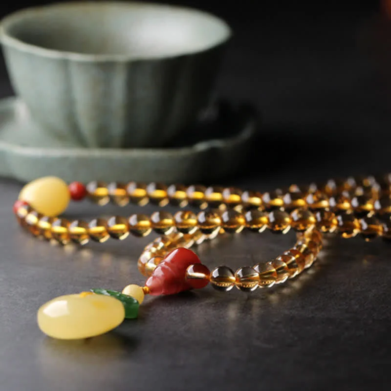 Natural Citrine Amber 108 Mala Beads Peace Buckle Red Agate PiXiu Protection Charm Bracelet