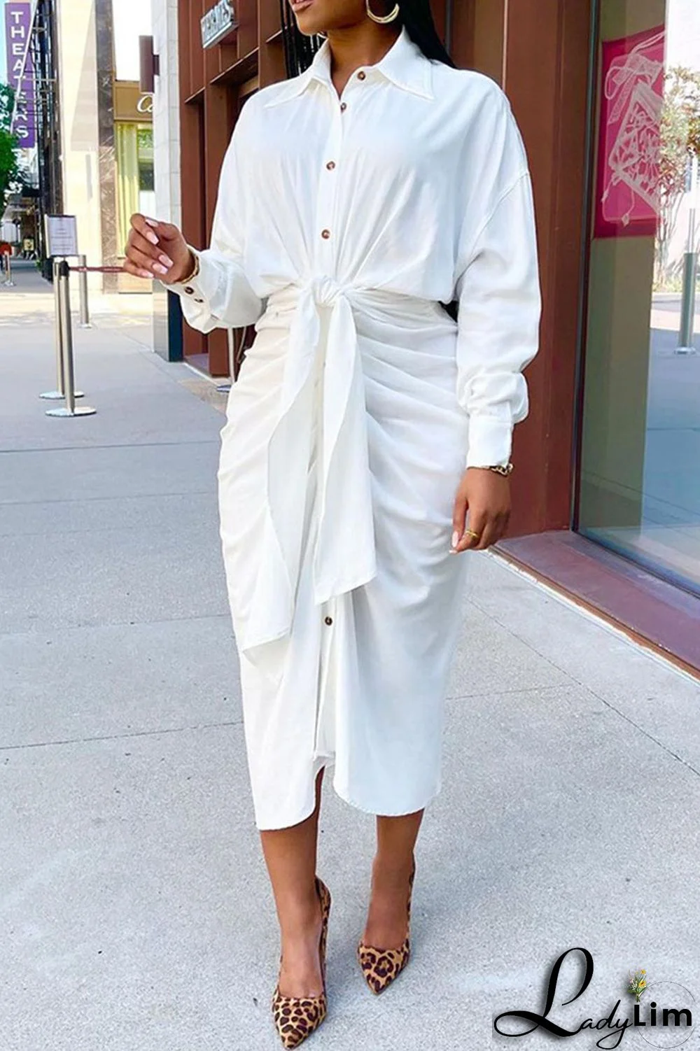 White Casual Solid Bandage Split Joint Buckle Turndown Collar Shirt Dress Dresses