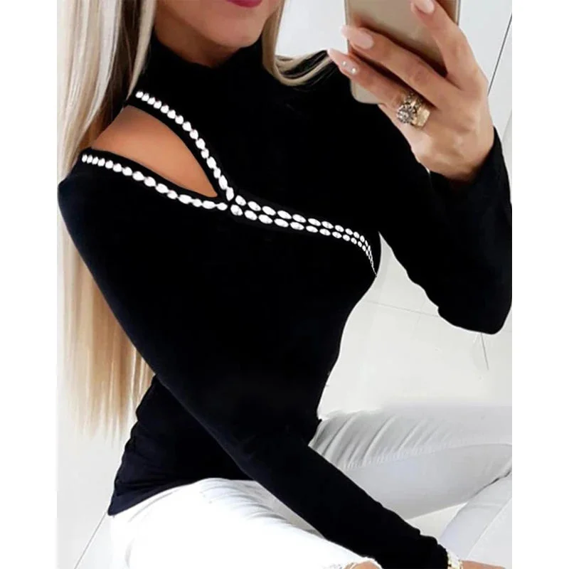 Oocharger Spring New 2024 Top T shirts Hot Sale Long Sleeve Hollow Out Solid T-shirts Women Clothing Fashion Slim T-shirt Clothes