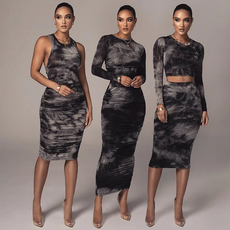 Tie-Dye Print Ruched Dress Women O-neck Knee-length Dresses Ladies Winter Skinny Partywear Women Elastic Vestidos