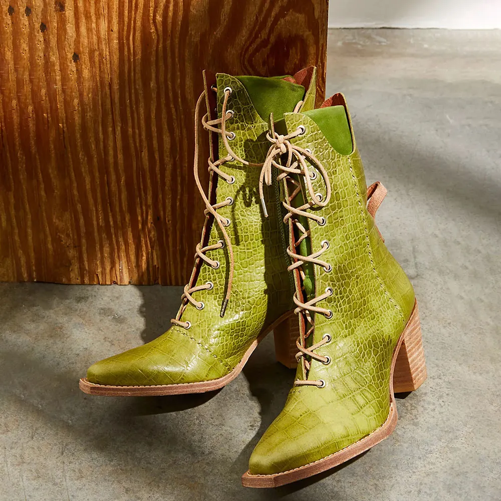 Square Toe Croc Embossed Stacked Heel Tie-Up Ankle Boots in Olive