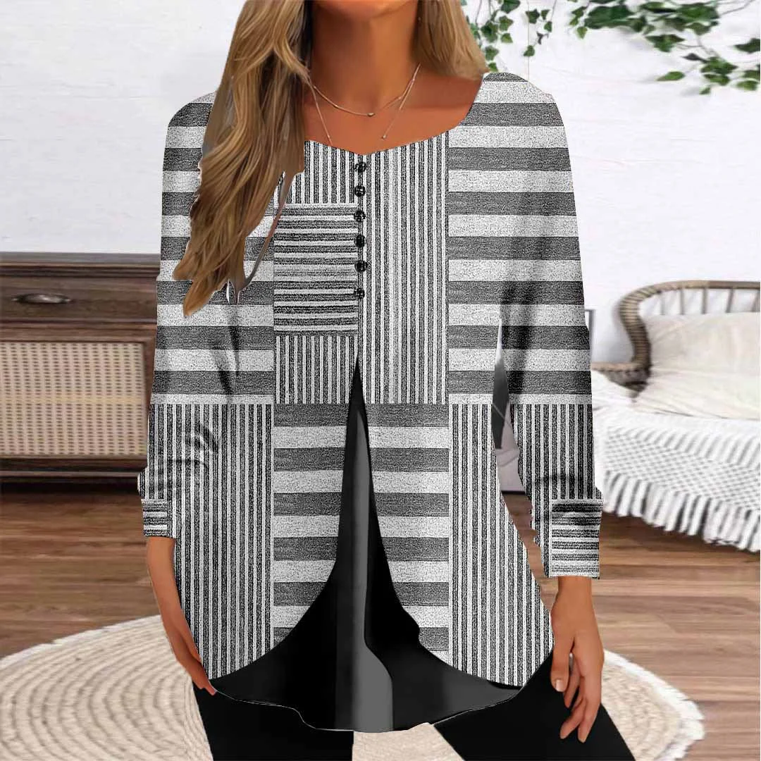 Women Striped,Gray DZGG8302 Long Sleeve Scoop Neck Printed Graphic Button Fake 2in1 Tops