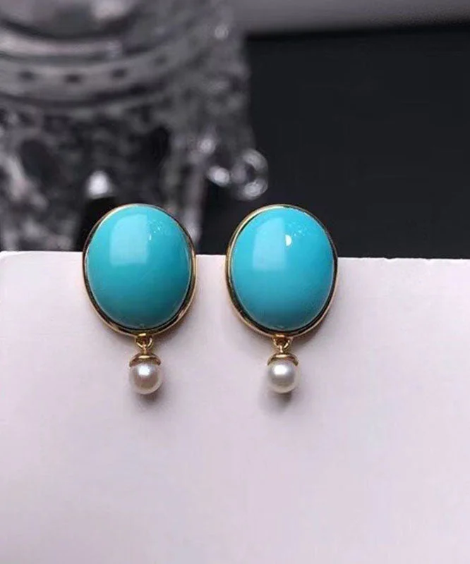 Simple Blue 18K Gold Inlaid Turquoise Jade Stud Earrings