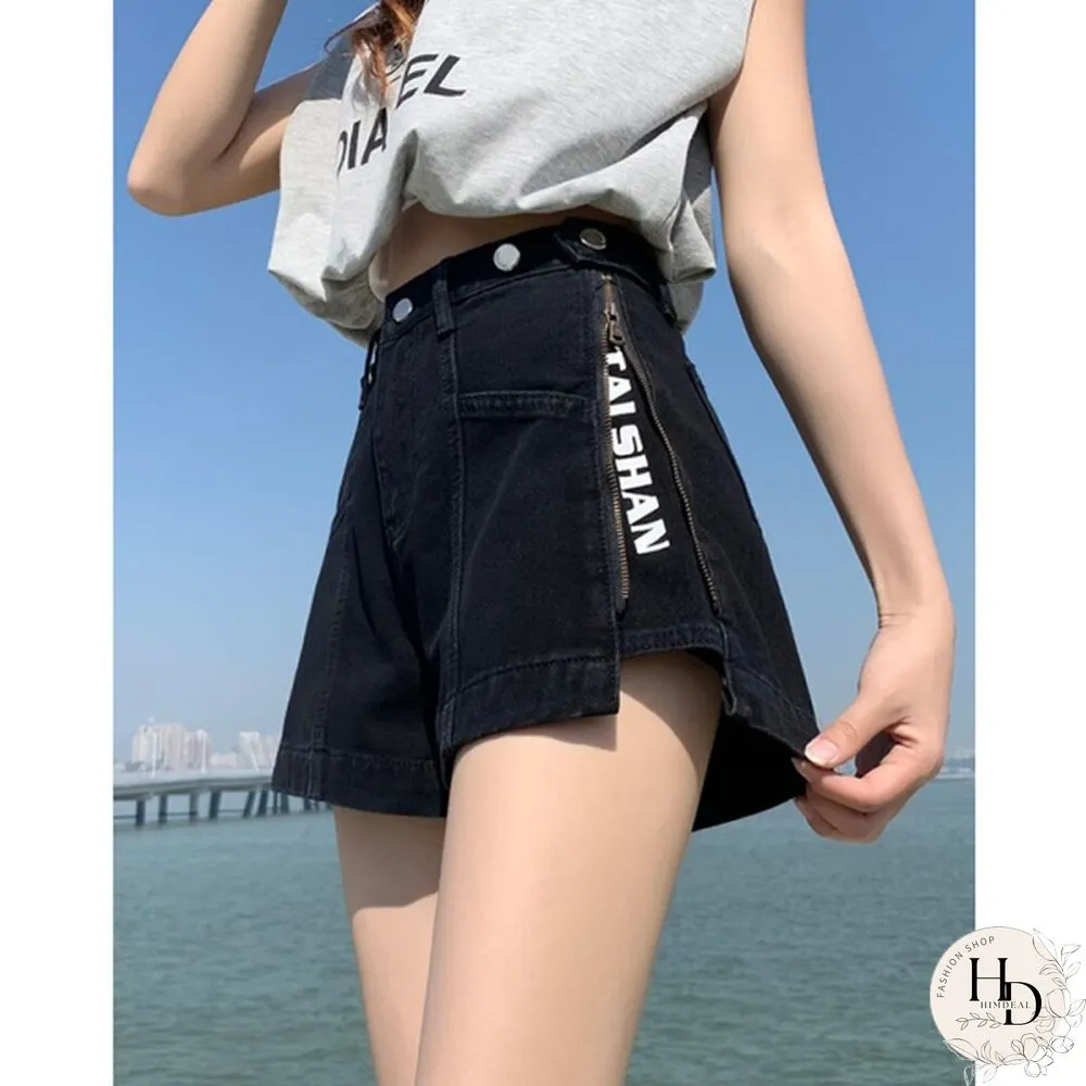 Women's Denim Shorts zipper slit stretch adjustable summer relaxed NEW