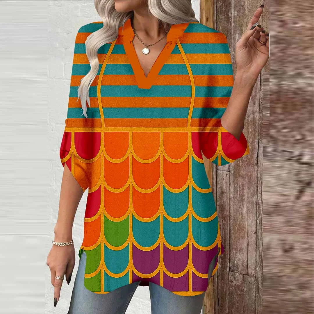Women Patchwork,  Colorful,  Orange,  Blue DZGA0439 3/4 Sleeve V-neck Printed Graphic Button Tops