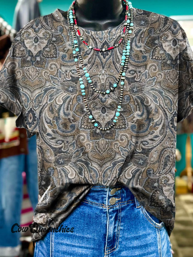 Retro Classic Pattern Print T-shirt Gray / S