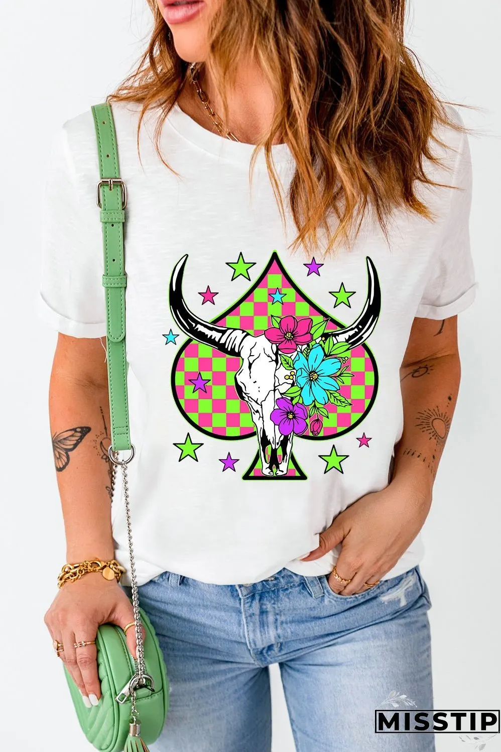 White Checkered Steer Head Spade Print Crew Neck T Shirt