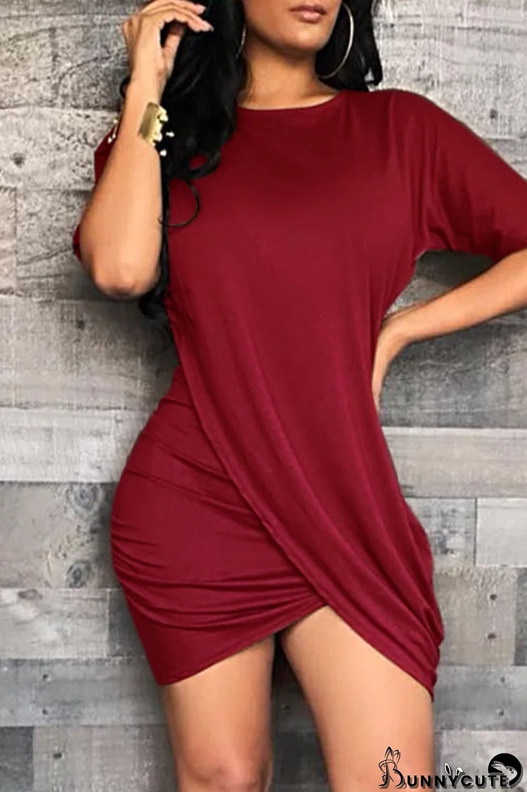 Red Fashion Casual Solid Split Joint O Neck Short Sleeve Dress