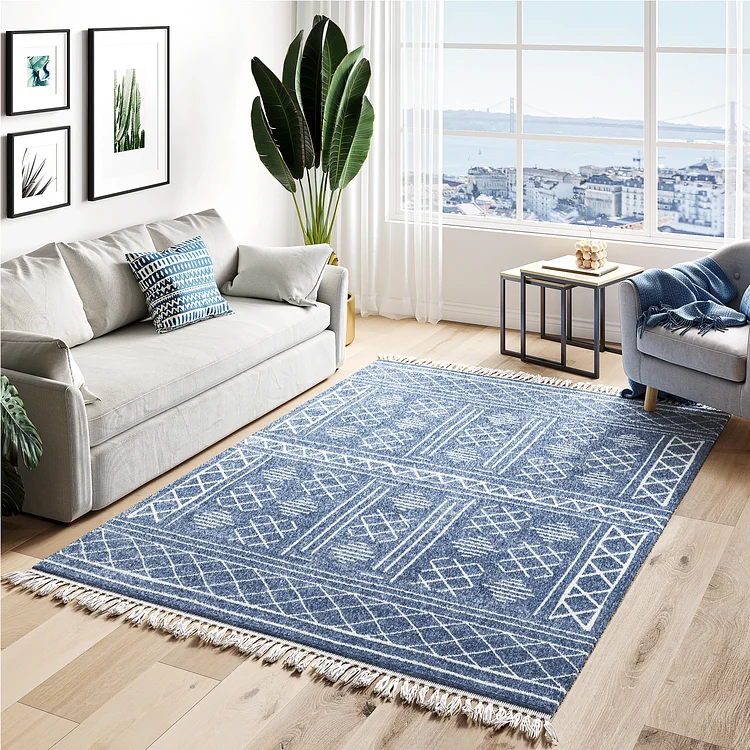 Bestier Area Rug 7.87'x5' Persian Rug Vintage Floor Cover Foldable Thin Rug Indoor Vintage Mat Blue Floral Print Distressed Rug Skin friendly Boho Chic Farmhouse for Kitchen Living Room Bedroom Dining Room