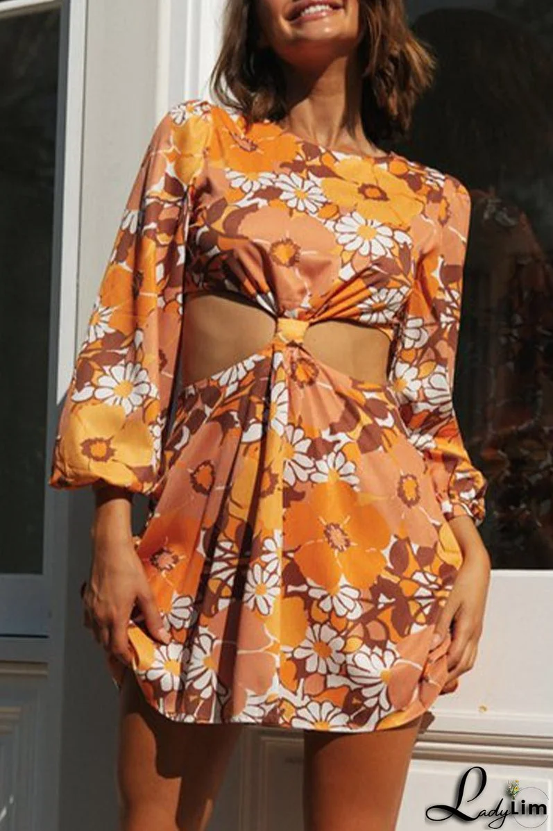 Sexy Floral Hollowed Out O Neck Printed Dress Dresses