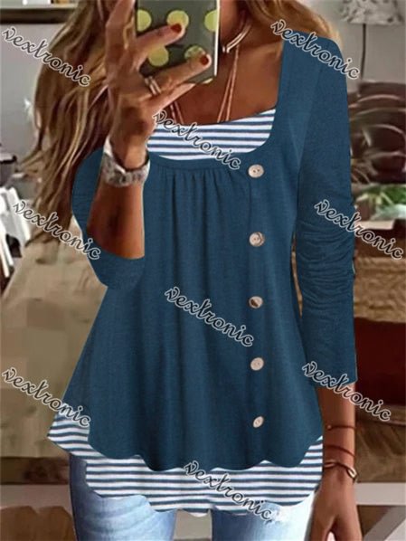 Women's Long Sleeve U-neck Striped Buttons Top