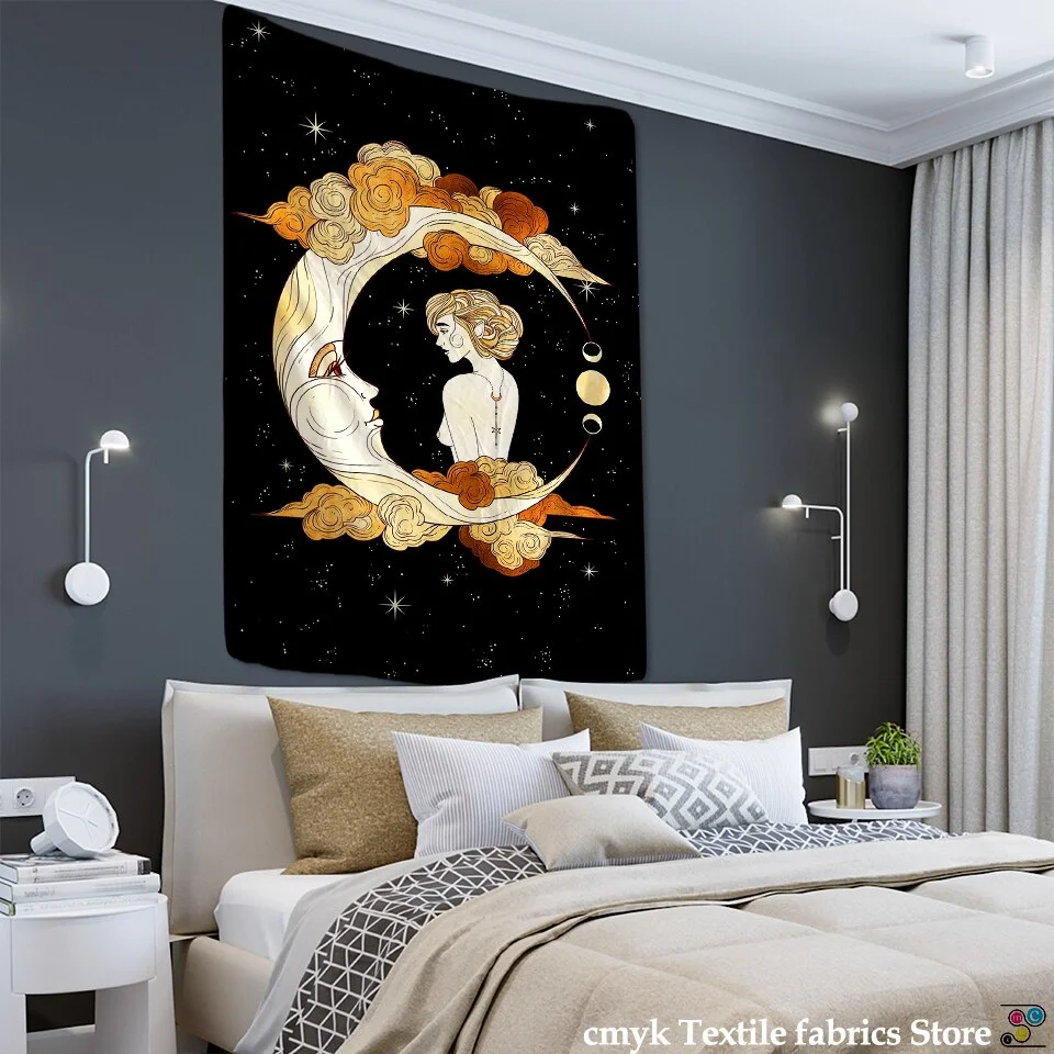 Psychedelic Moon Star Tapestry Wall Hanging Bohemian Hippie Tarot Girls Room Dormitory Art Home Decor