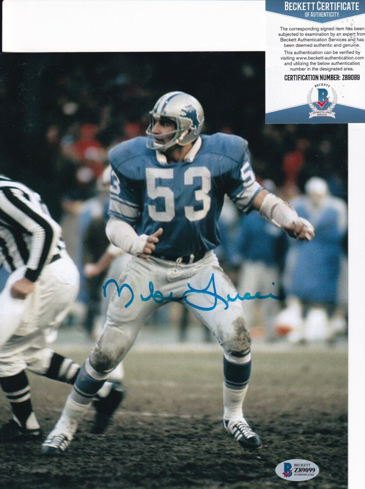 MIKE LUCCI signed (DETROIT LIONS) Football 8X10 Photo Poster painting BECKETT BAS Z89099