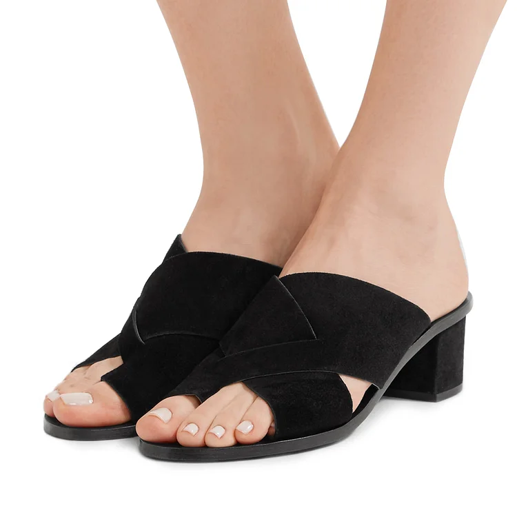 Women's Black Vegan Suede Mules Block Heel Sandals |FSJ Shoes