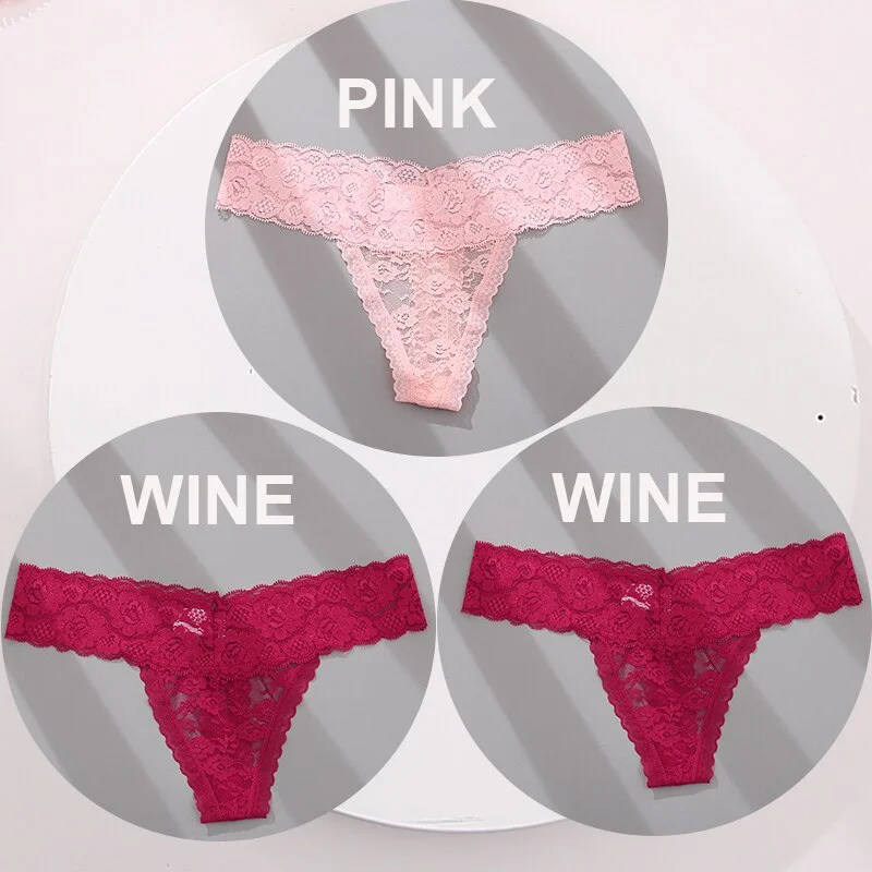 FINETOO 3PCS/Set M-XL G-string Thong Panties for Woman Sexy Lace Floral Underwear Transparent Women's Underpants Female Lingerie
