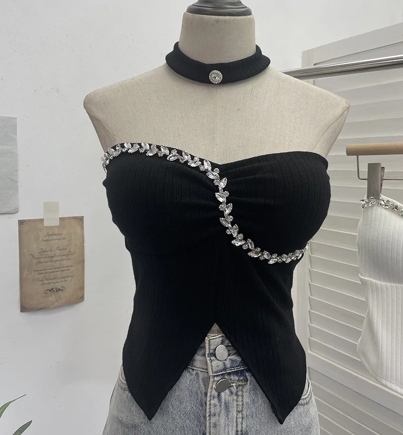 Uveng Thai-Style Hanging Neck Small Sling With Drill With Chest Pad Irregular Wearing Sleeveless Knitting Top 9211