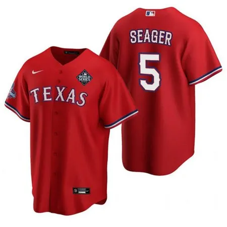Men's Texas Rangers #5 Corey Seager Red 2023 World Series Patch And Champions Patch Cool Base Stitched Baseball Jersey