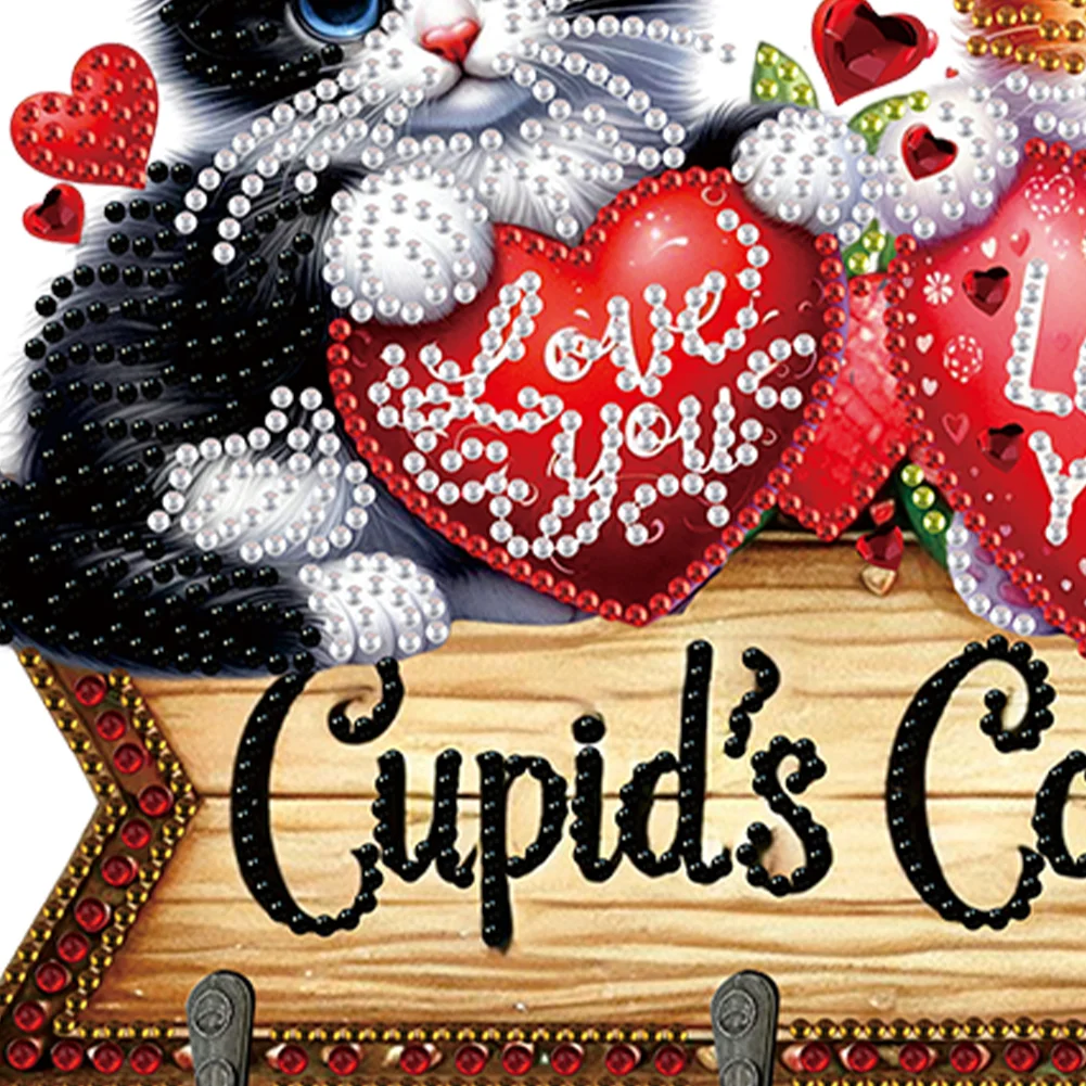 5D DIY Love Cat 3 Hooks Special Shape Diamond Painting Wooden Hook Rail for Wall