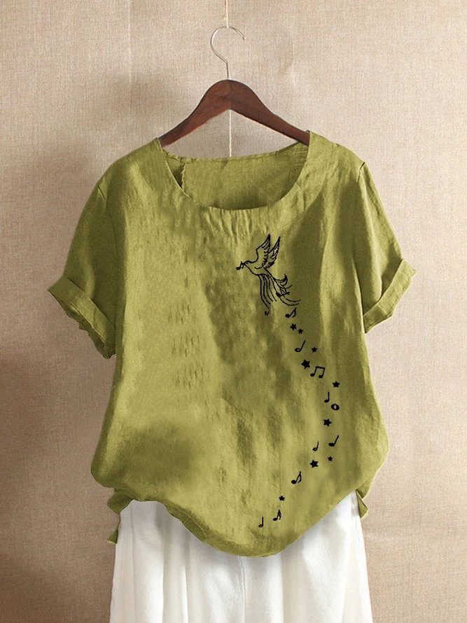 Cotton Shift Birds Print Short Sleeve Shirts & Tops