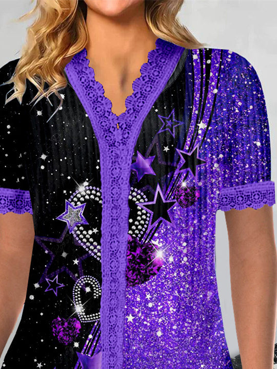 Women Short Sleeve V-neck Love Printed Printed Graphic Lace Tops