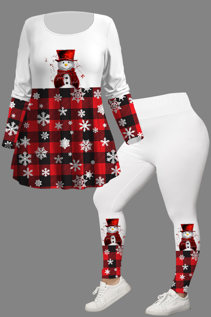 Flycurvy Plus Size Christmas Casual Red Plaid Snowflake Snowman Print Two Piece Pant Set