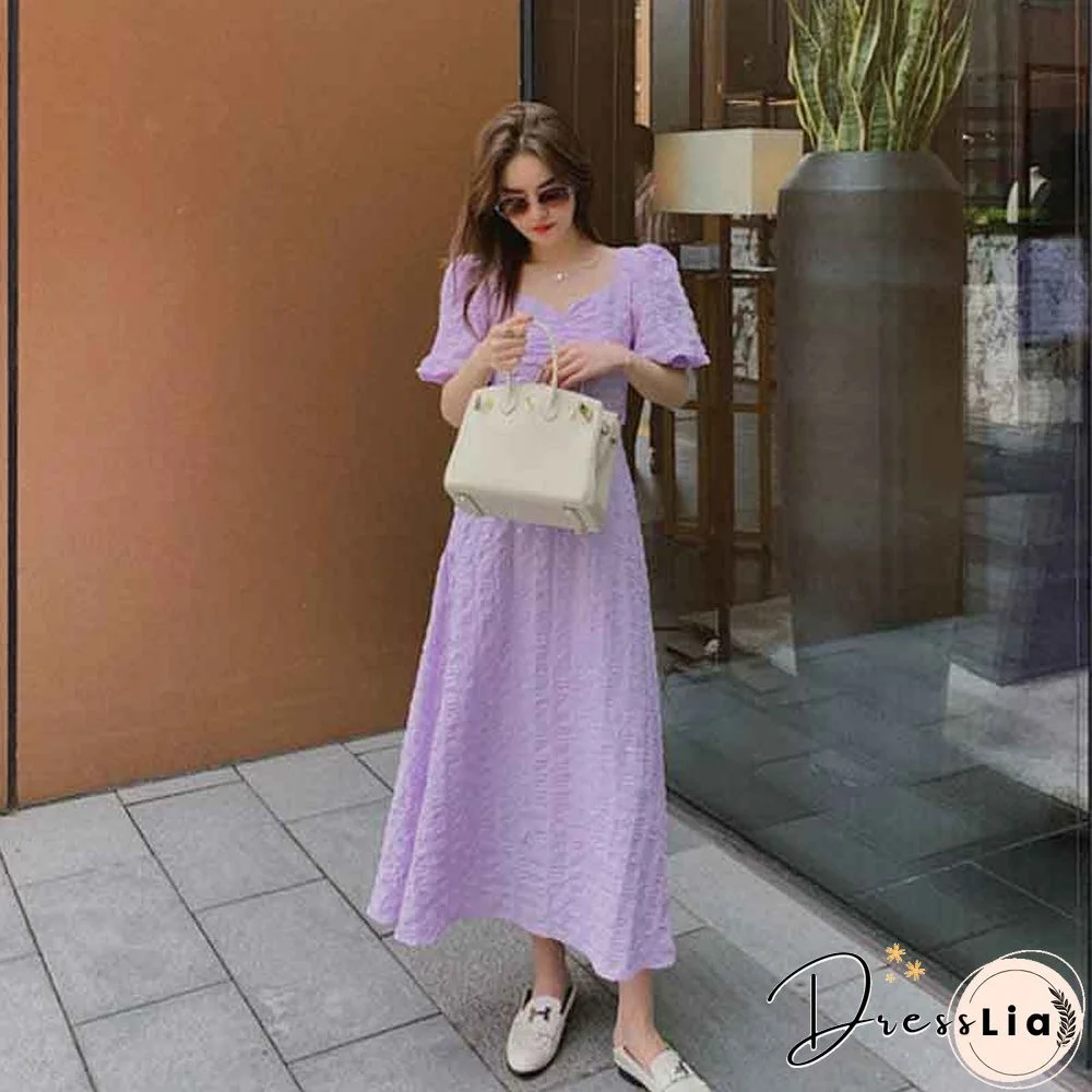 Short Sleeve Dress Women Summer Solid Purple Backless V-Neck Korean Sweet Style Vintage Elegant Female Design Stylish Slim Daily