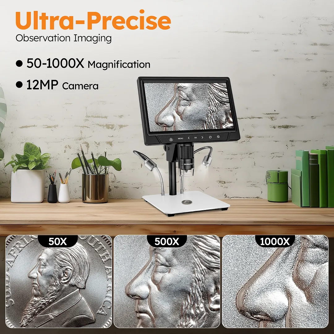 BEBANG 10.1" Digital Microscope for Adults, 1080P 16MP Coin Microscope for Error Coins with 8 LED Light, 1200X LCD Soldering Microscopes, PC View, 32GB