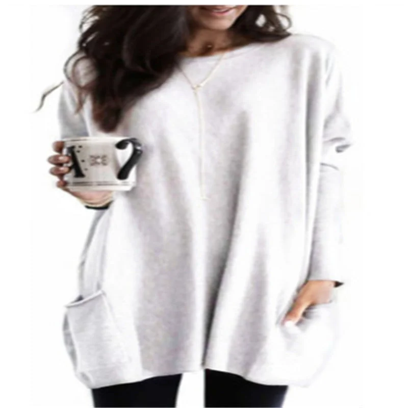 Uveng Autumn Pullover Casual Round Neck Long Sleeve Pocket T-shirt Top