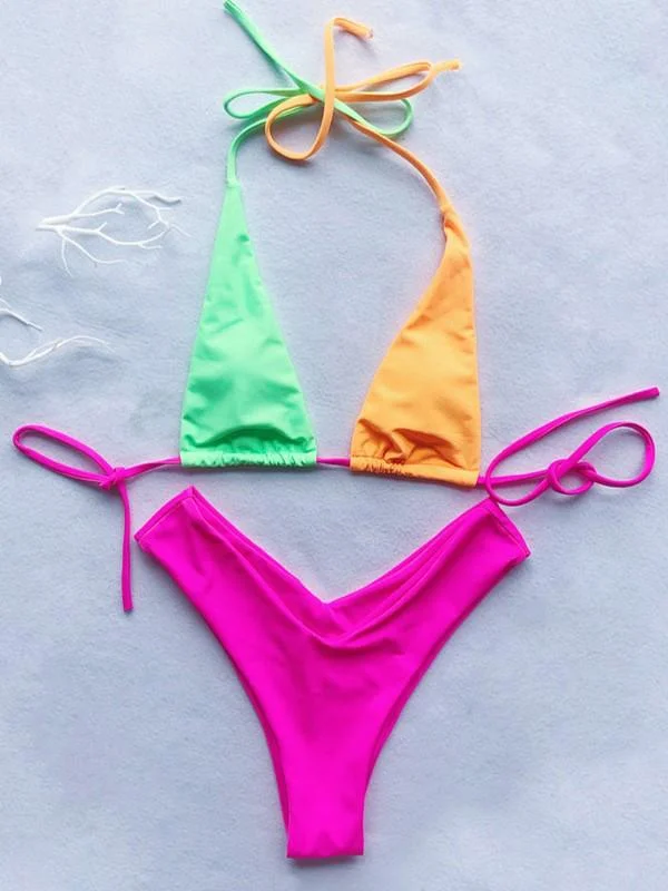 Contrast Lace Up Bikini Swimsuit