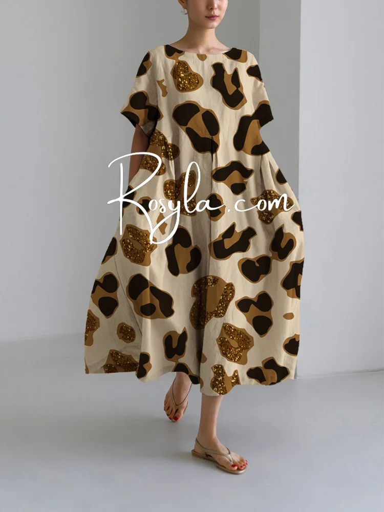 Women's Vintage Leopard Print Loose Round Neck Medium Length Skirt Dress