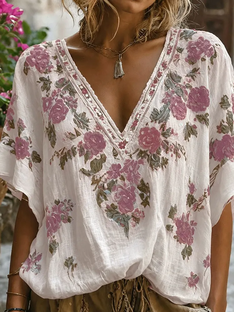 Bohemian-style Pink Floral Embroidery V-neck Short-sleeved Shirt With Sequins