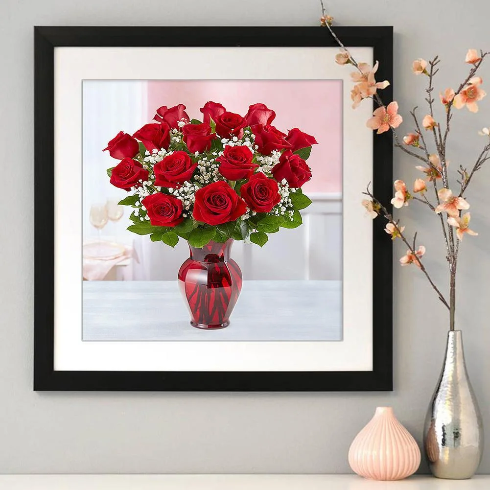 Diamond Painting - Full Round Drill - Red Rose Vase(30*30cm)