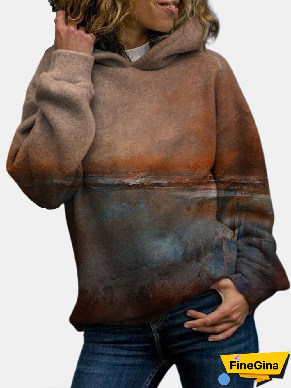 Landscape Printed Long Sleeve Casual Hoodie For Women