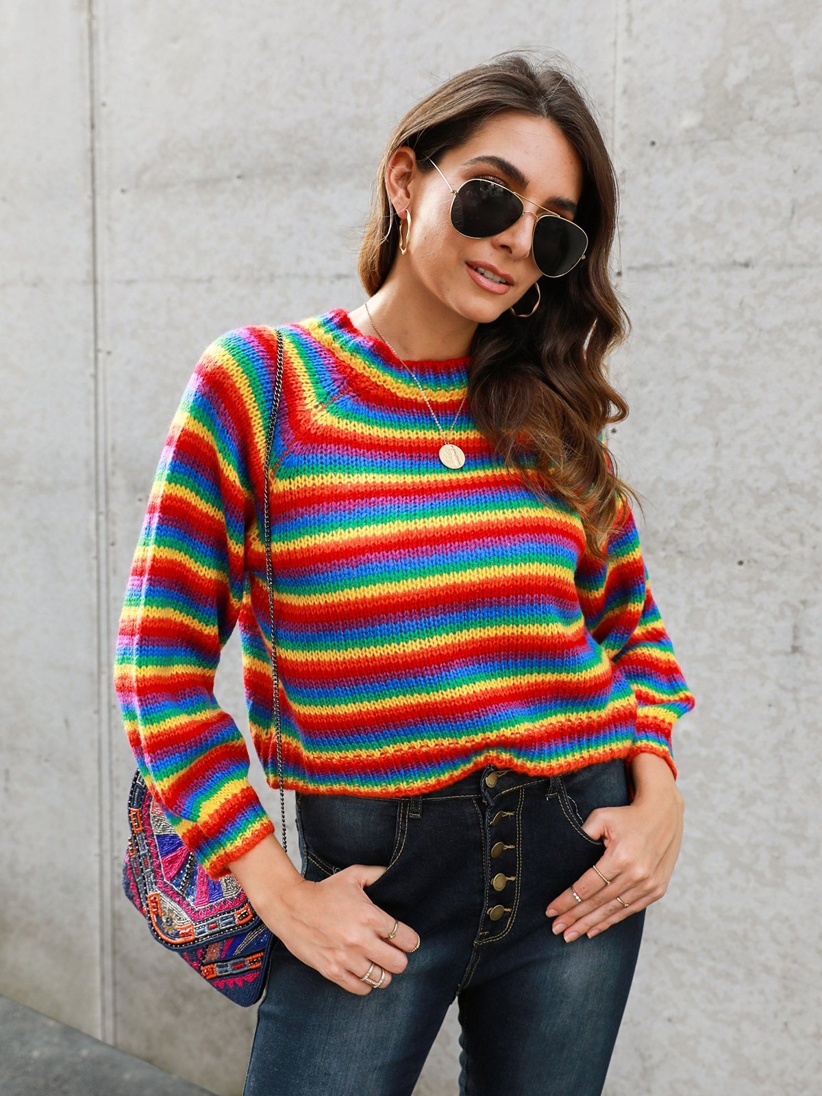 Multicolor Long Sleeve Shift Crew Neck Striped Sweaters