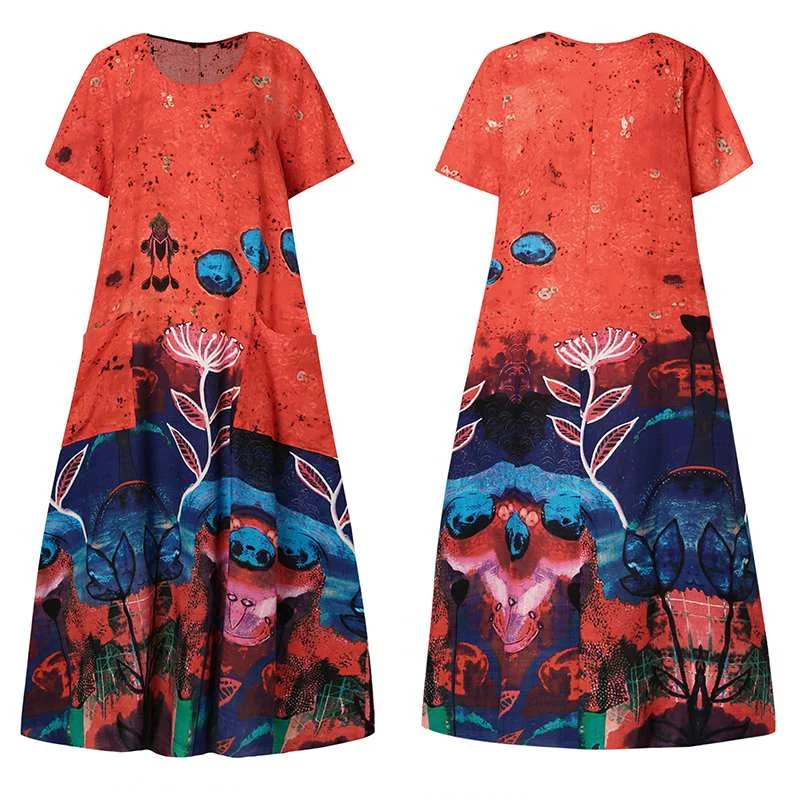 Maxi Dress Women Patchwork Floral Printed Sundress VONDA 2021 Women's Autumn Stylish Robe Female Cotton Linen Dress S-