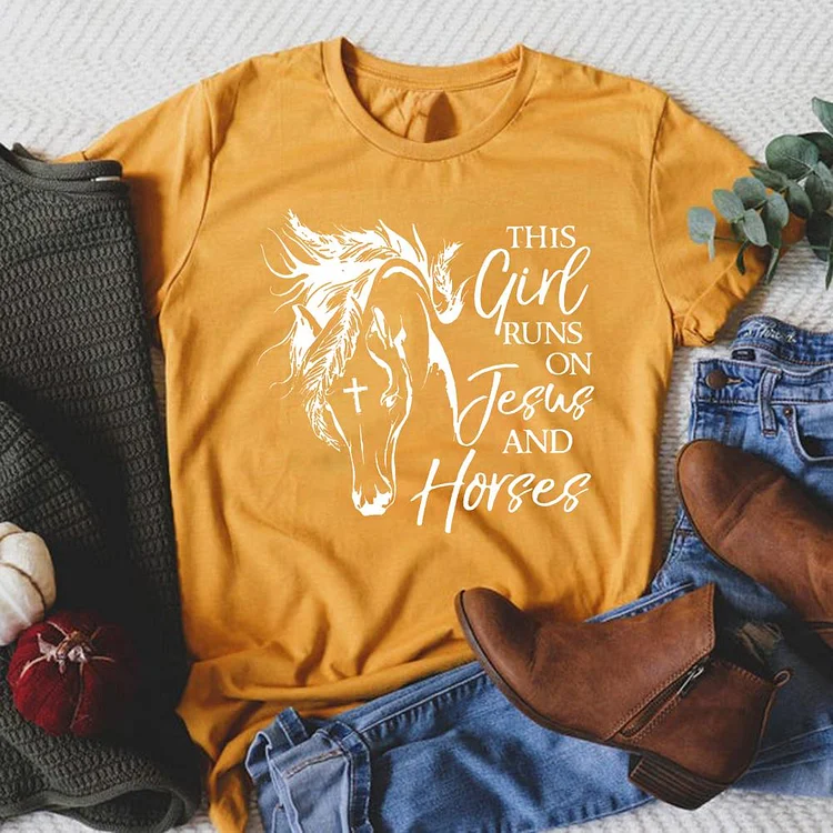 This Girl Runs On Jesus And Horses Round Neck T-shirt