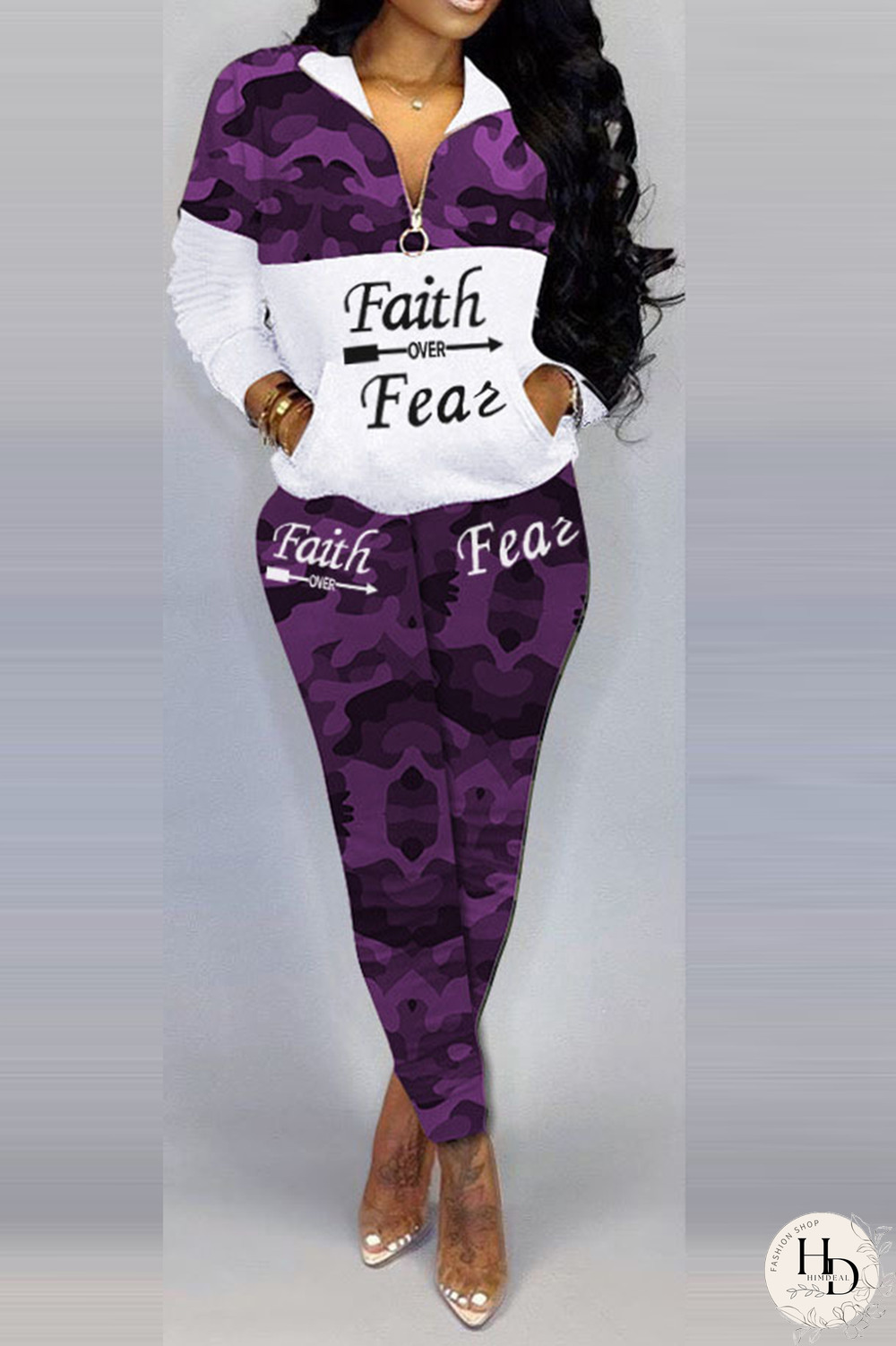 Purple Street Camouflage Print Patchwork Turndown Collar Long Sleeve Two Pieces