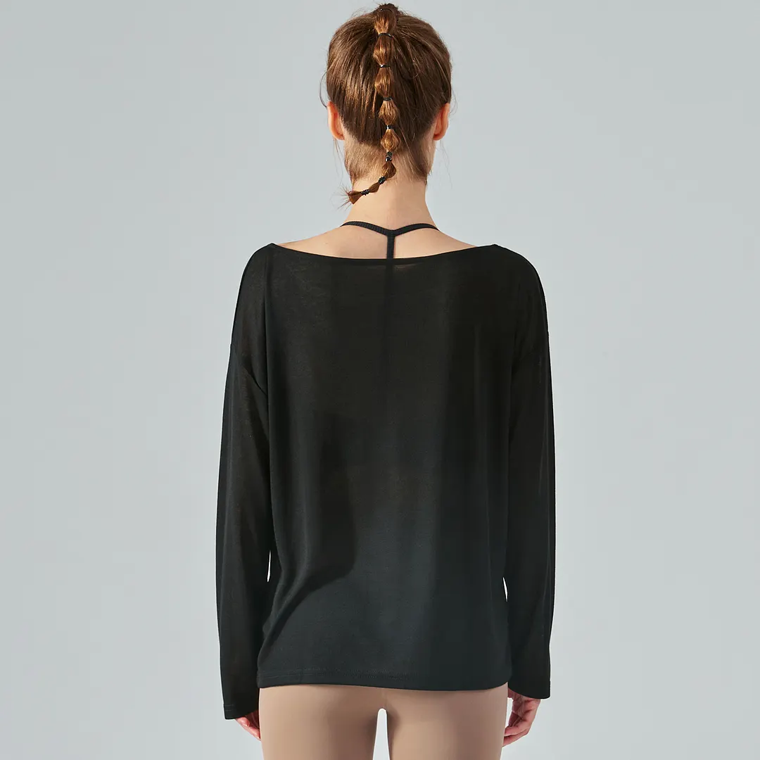 Shop Black long sleeve loose thin breathable running yoga tencel t shirt for women online on Hergymclothing