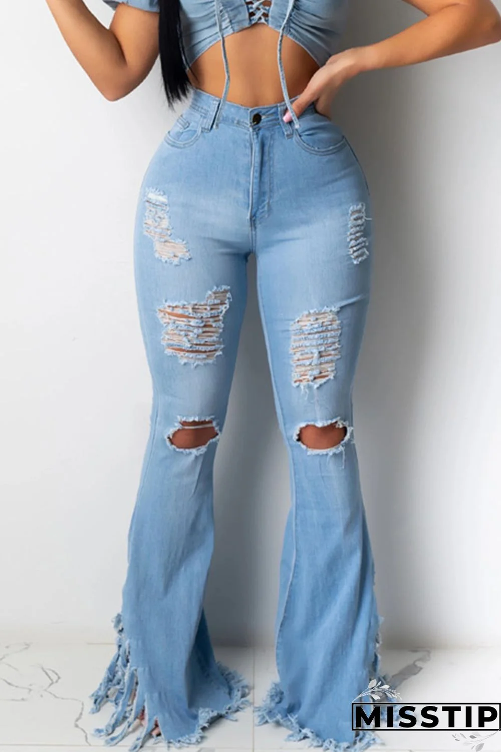 Dark Blue Denim Zipper Fly Mid Solid Tassel Hole Boot Cut Pants Bottoms