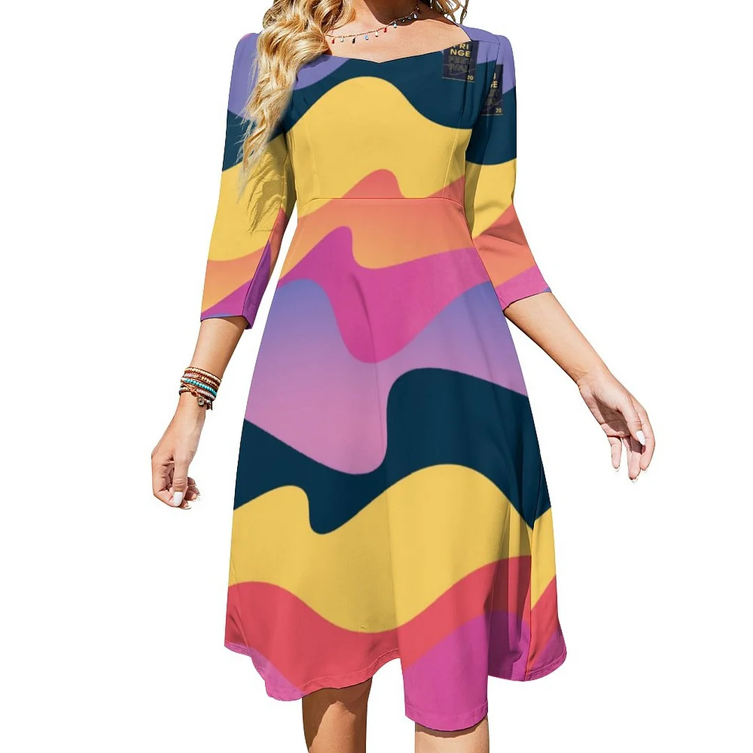 Fringearts Fringe Festival 2020 Dress Sweetheart Tie Back Flared 3/4 Sleeve Midi Dresses