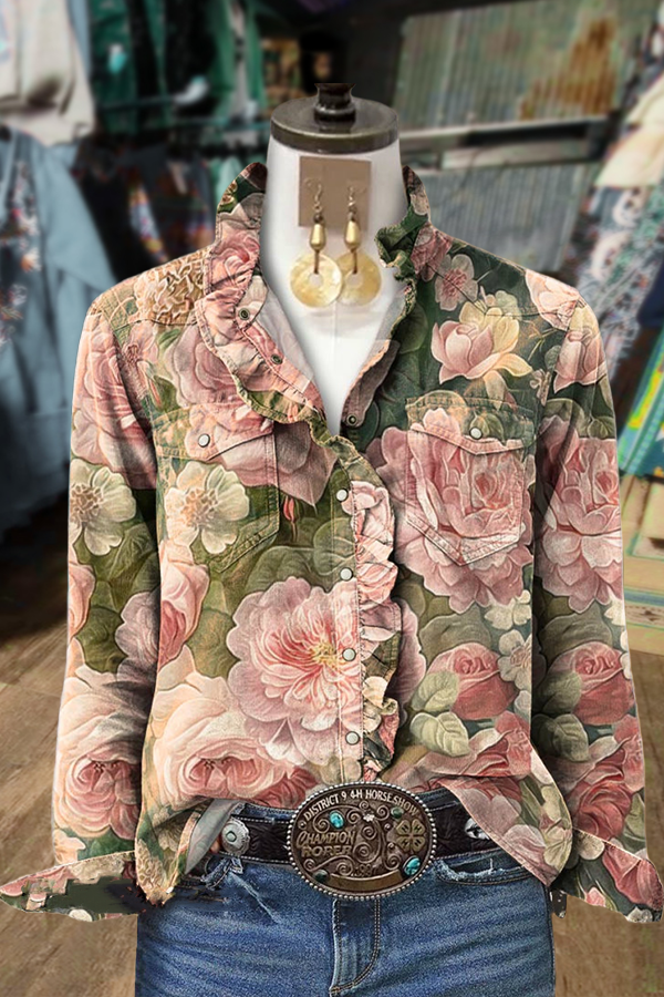 Chic Floral Print Ruffle Neck Shirt