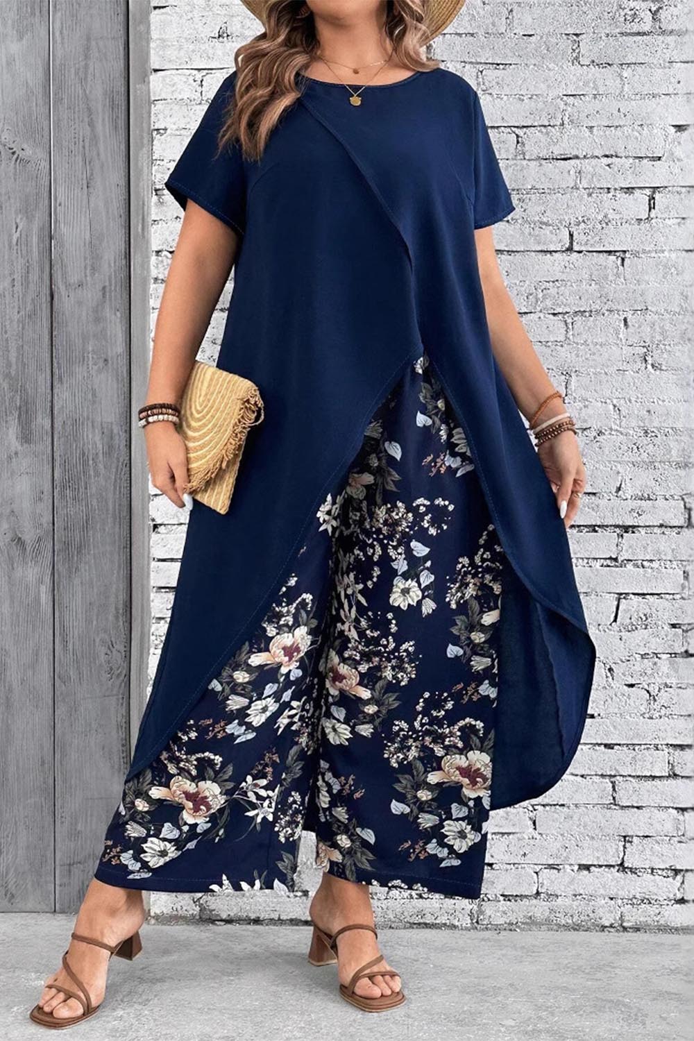 Plus Size Everyday Navy Blue Floral Print Split Wide Leg Two Piece Pant Suit 2024 - Flycurvy 