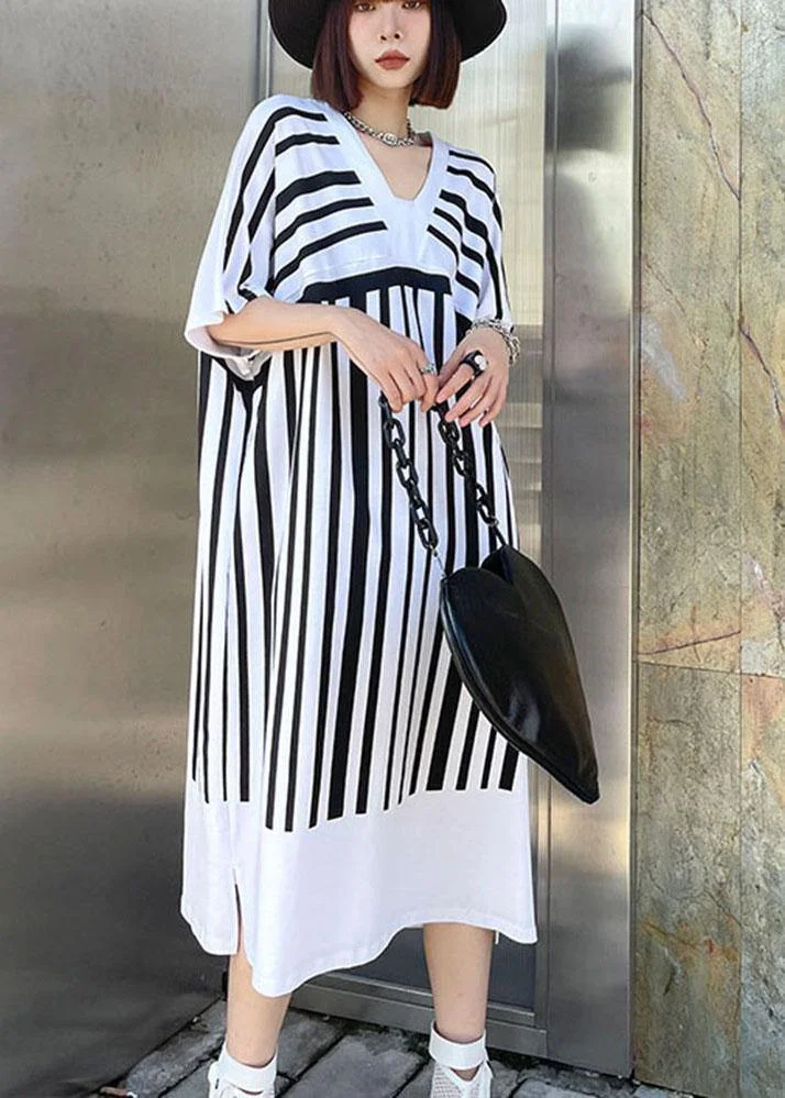 Chic White Striped Cotton Dress V Neck Summer Long Dresses